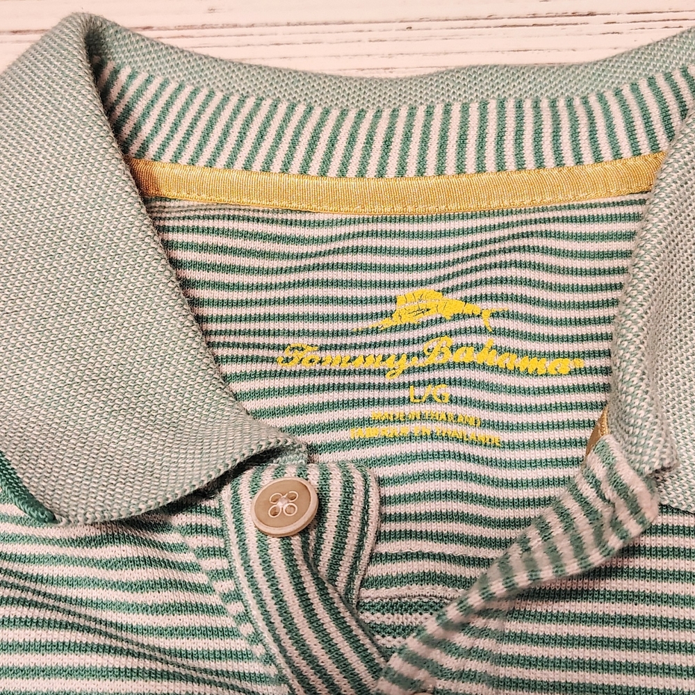Tommy Bahama Green and White Striped Polo with Yellow Accents